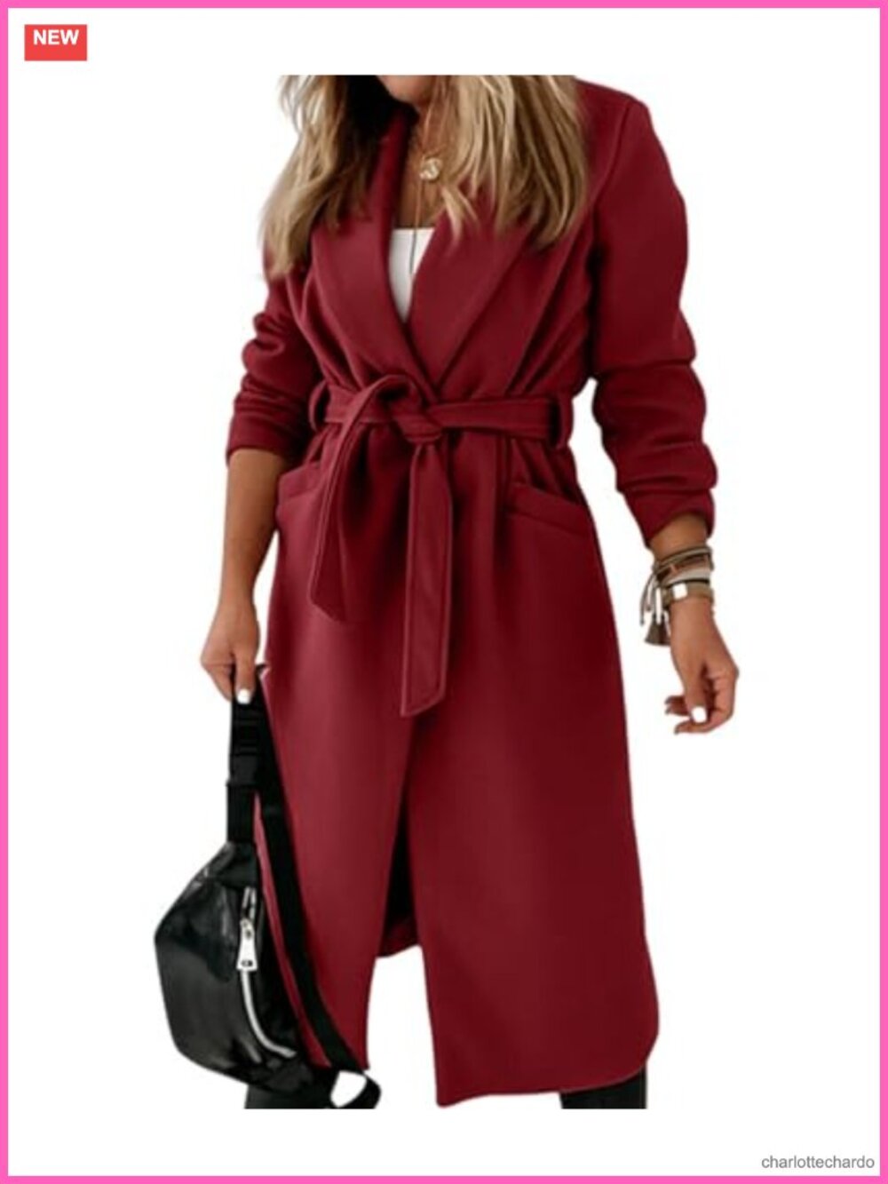 Women's Winter Wool Blend Pea Coat Notch Lapel Open Front Belted Maxi Trench